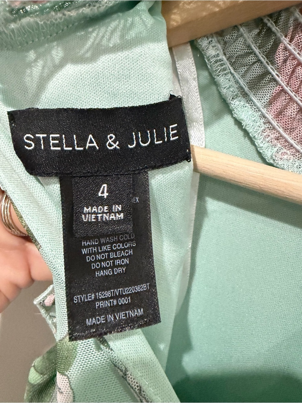 STELLA & JULIE Floral Ruffle Midi Dress Mint Green Smocked Waist Mock Neck Sz 4 - Picture 7 of 8